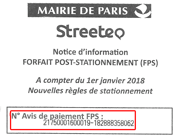 numéro de l'avis de paiement FPS Paris